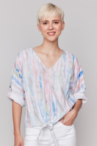 BEAUTIFUL WATER COLOR PRINTED 3/4 SLEEVE TOP W/FRONT TIE