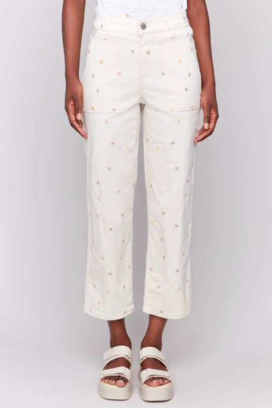 DITZY FLORAL EMBROIDERED PORK CHOP POCKET FLEX TWILL PANT