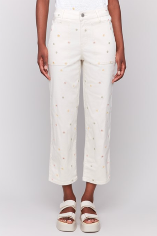 DITZY FLORAL EMBROIDERED PORK CHOP POCKET FLEX TWILL PANT