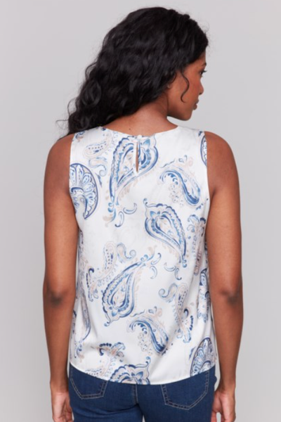 PRINTED SATIN SLEEVELESS TOP W/KEYHOLE BACK