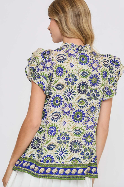 SWEET FLORAL BORDER PRINT WOVEN FLUTTER MINI SLEEVE TOP