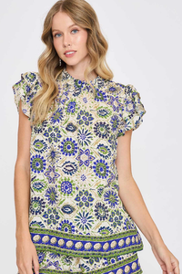SWEET FLORAL BORDER PRINT WOVEN FLUTTER MINI SLEEVE TOP