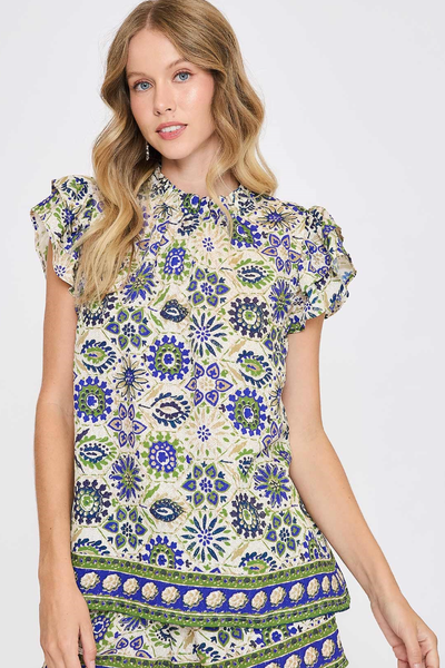 SWEET FLORAL BORDER PRINT WOVEN FLUTTER MINI SLEEVE TOP