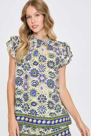 SWEET FLORAL BORDER PRINT WOVEN FLUTTER MINI SLEEVE TOP