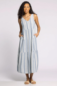 SWEET STRIPE SLEEVELESS GAUZE V-NECK BENNY MIDI DRESS