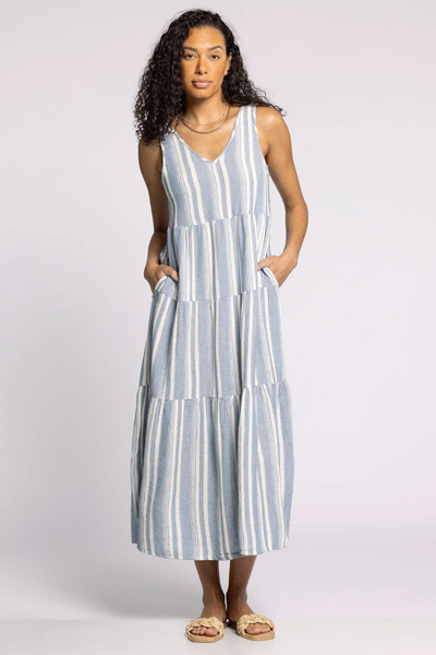 SWEET STRIPE SLEEVELESS GAUZE V-NECK BENNY MIDI DRESS