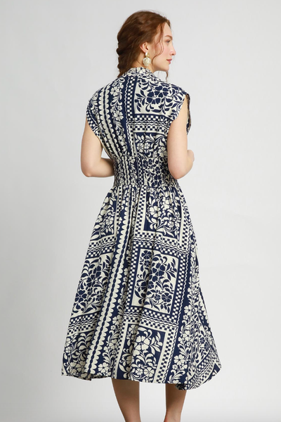CUTE MIXED PRINT SMOCKED WAIST SLEEVELESS MIDI DRESS