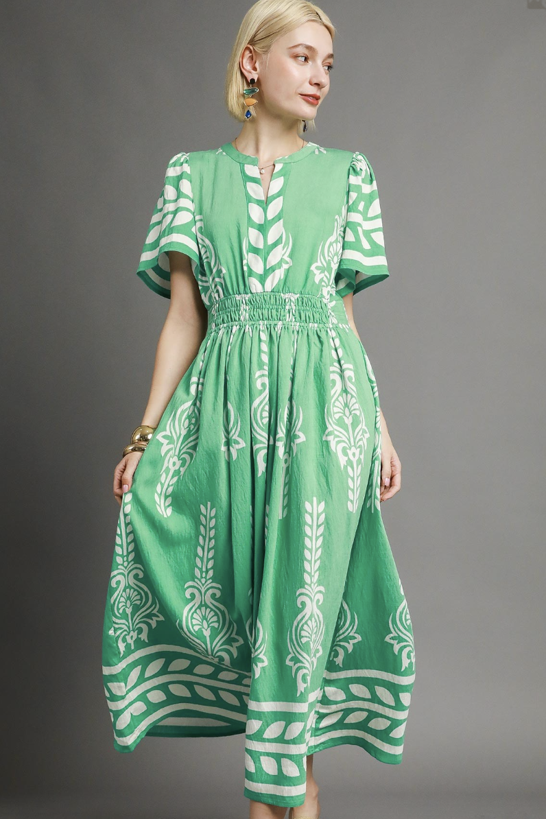 CUTE BORDER PRINT DOUBLE BOHO CHIC SS MAXI DRESS