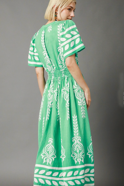 CUTE BORDER PRINT DOUBLE BOHO CHIC SS MAXI DRESS