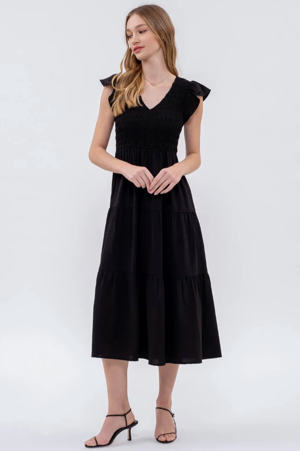 SOLID MINI FLUTTER SLEEVE V-NECK TIERED MIDI DRESS