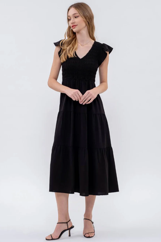 SOLID MINI FLUTTER SLEEVE V-NECK TIERED MIDI DRESS
