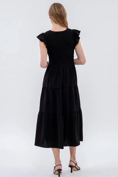 SOLID MINI FLUTTER SLEEVE V-NECK TIERED MIDI DRESS