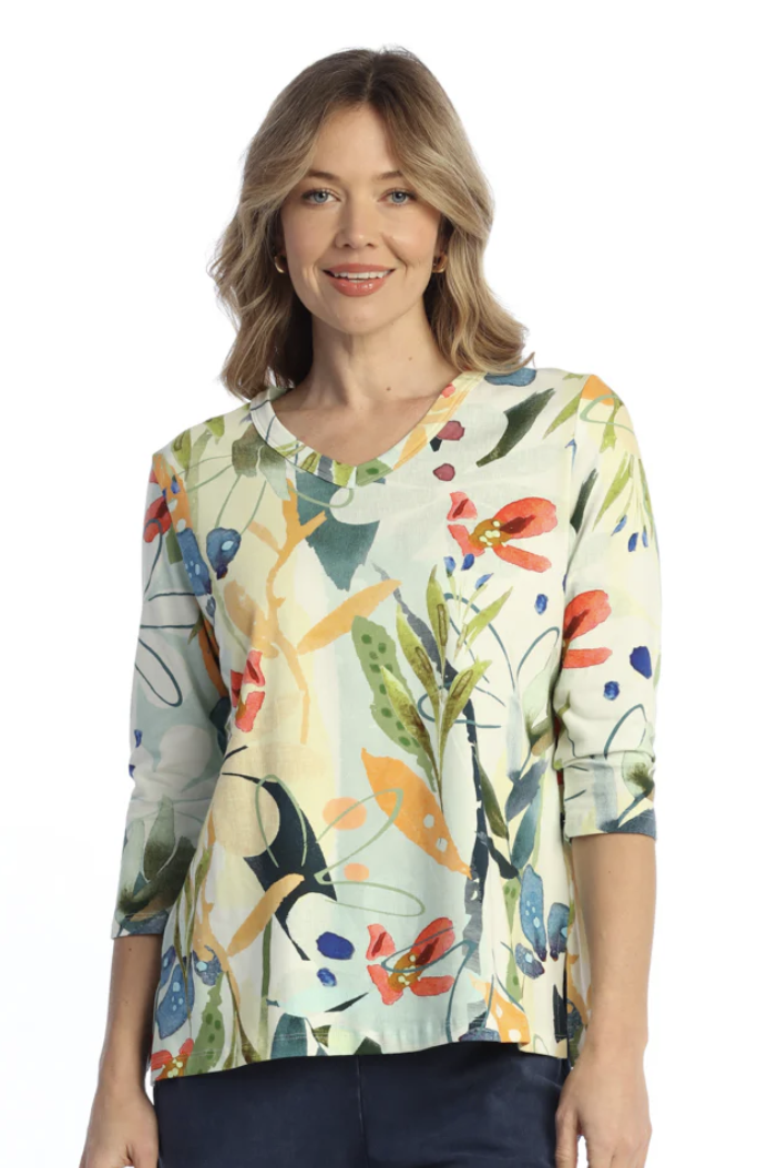 LEMONADE PRINT COTTON SPANDEX V-NECK TOP W/SIDE SLITS