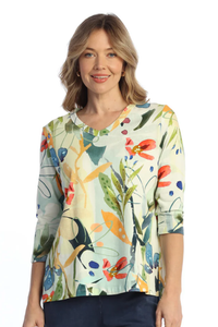 LEMONADE PRINT COTTON SPANDEX V-NECK TOP W/SIDE SLITS