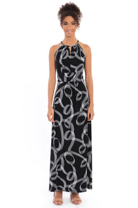 BEAUTIFUL GEO PRINT SLEEVELESS HALTER NECK MAXI DRESS