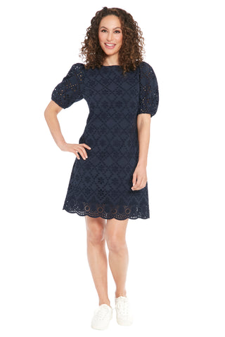 CUTE SOLID EYELET LINED PUFF SLEEVE MINI DRESS