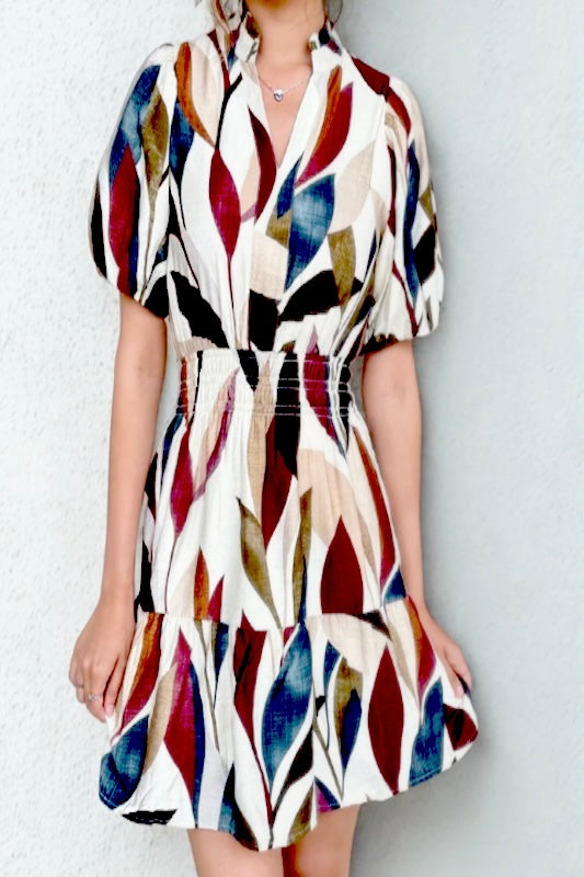 THML PUFF SLEEVE PRINT DETAIL DRESS