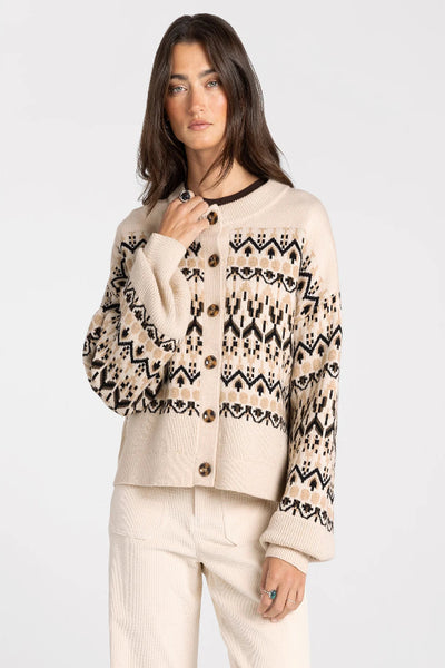 Thread & Supply Lizzie cardigan, Thread and Supply cardigan, Oat Tan Aztec cardigan, women’s Aztec print cardigan, neutral patterned cardigan, cropped button front cardigan, relaxed fit knit cardigan, vintage inspired cardigan sweater, cozy long sleeve cardigan, geometric knit cardigan.


