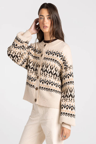 Thread & Supply Lizzie cardigan, Thread and Supply cardigan, Oat Tan Aztec cardigan, women’s Aztec print cardigan, neutral patterned cardigan, cropped button front cardigan, relaxed fit knit cardigan, vintage inspired cardigan sweater, cozy long sleeve cardigan, geometric knit cardigan.

