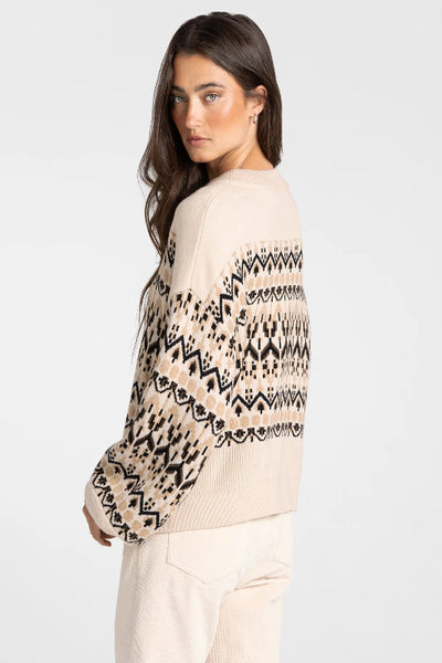 Thread & Supply Lizzie cardigan, Thread and Supply cardigan, Oat Tan Aztec cardigan, women’s Aztec print cardigan, neutral patterned cardigan, cropped button front cardigan, relaxed fit knit cardigan, vintage inspired cardigan sweater, cozy long sleeve cardigan, geometric knit cardigan.

