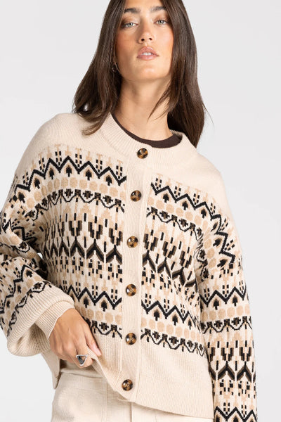 Thread & Supply Lizzie cardigan, Thread and Supply cardigan, Oat Tan Aztec cardigan, women’s Aztec print cardigan, neutral patterned cardigan, cropped button front cardigan, relaxed fit knit cardigan, vintage inspired cardigan sweater, cozy long sleeve cardigan, geometric knit cardigan.

