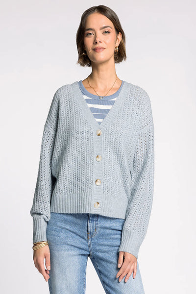 Amour Cardigan in pacific blue with chunky knit texture, button-front closure, and drop shoulders, styled with striped top and light-wash denim jeans