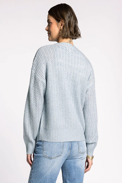 Amour Cardigan in pacific blue with chunky knit texture, button-front closure, and drop shoulders, styled with striped top and light-wash denim jeans.