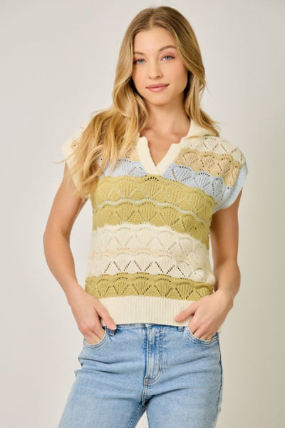 Color Striped Ponte Polo Sweater in avocado, cream, and blue stripes, front view showing collared V-neckline, short cap sleeves, and ribbed hem with jeans
