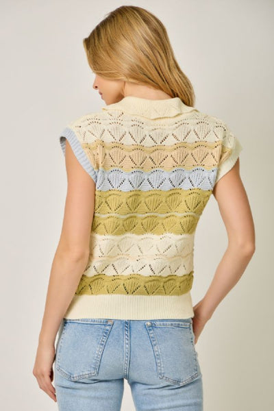Color Striped Ponte Polo Sweater in avocado, cream, and blue stripes, back view, short cap sleeves, and ribbed hem with jeans.