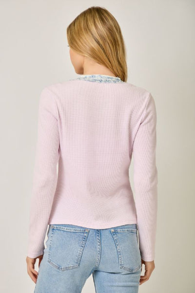 Denim Mixed Henley Top in washed lavender, back view  denim contrast trim, and ribbed knit texture with jeans.