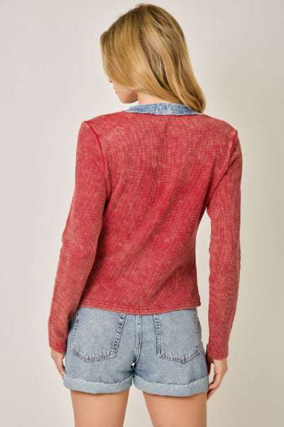 Denim Mixed Henley Top in washed red, back view, denim contrast trim, and ribbed knit texture with denim shorts.
