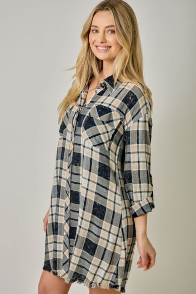rolled sleeve plaid shirt dress
washed plaid button down dress
ivory navy plaid mini dress
fringe hem shirt dress
boho plaid dress women
casual fall shirt dress
boutique plaid dress
button tab sleeve dress
