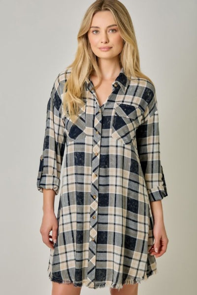 RUSTIC ROLLED SLEEVE WASHED PLAID SHIRT DRESS