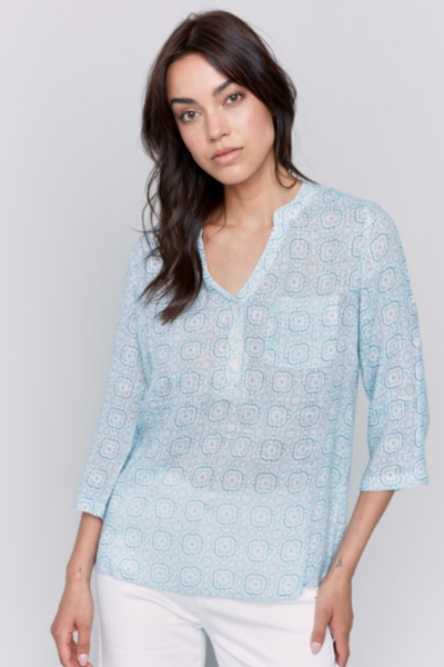 BEAUTIFUL PRINTED GAUZE POPOVER ROLL TAB SLEEVE BLOUSE