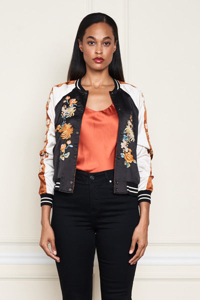 EMBROIDERED REVERSIBLE MIXED PRINT SATIN BOMBER JACKET