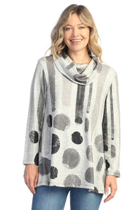 SOFT BRUSHED KNIT SANDRA CIRCLE & DOT PRINT COWL NECK TOP