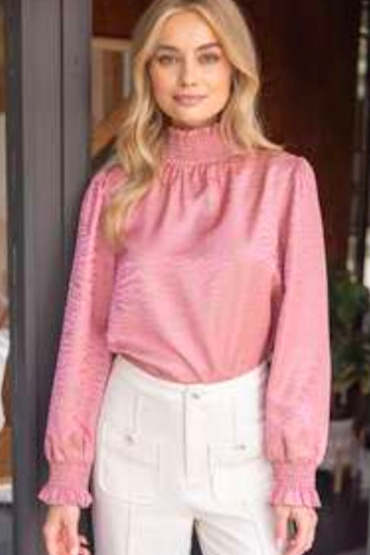 POLISHED AND PLAYFUL SMOCKED MOCK NECK LONG SLEEVE ANIMAL PRINT TOP