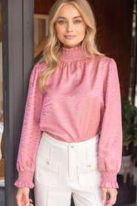 POLISHED AND PLAYFUL SMOCKED MOCK NECK LONG SLEEVE ANIMAL PRINT TOP