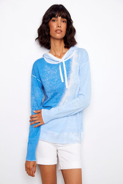 Blue ombre reverse print hoodie sweater with drawstring on model