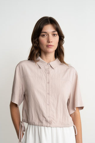 SEMI SHEER BUTTON FRONT DRAWSTRING HEM SS SHIRT