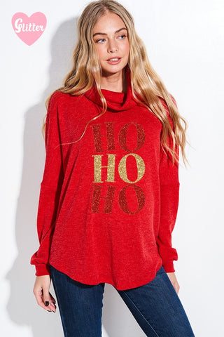 SOFT HACCI GLITTERED HO HO HO GRAPHIC COWL NECK TUNIC