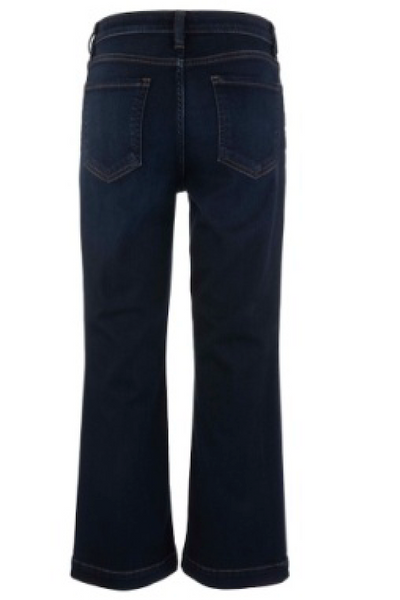 Kelsey Patience wash jeans; Kut from the Kloth Kelsey kick flare jeans; high rise kick flare jeans; dark wash kick flare jeans; women’s wide hem jeans; five pocket kick flare jeans; Patience wash denim; dark blue high rise flare jeans; cropped kick flare jeans