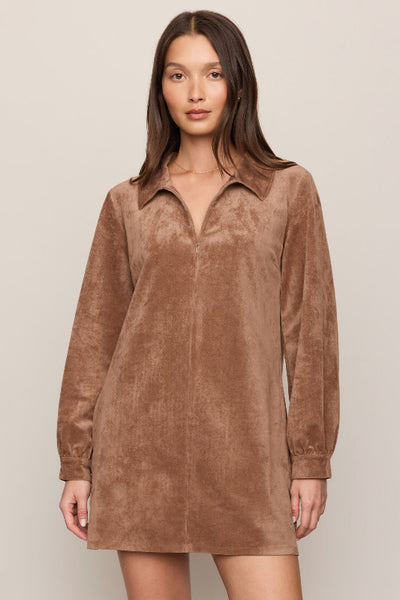 Front view of the Z Supply Connie mini dress in Walnut brown faux suede with a collared neckline and long sleeves.Z Supply Connie mini dress, Z Supply Walnut dress, ZD264749 dress, brown faux suede mini dress, long sleeve suede-look dress, collared mini dress, women’s fall mini dress, stretch faux suede dress, Walnut brown mini dress, mini dress with boots.