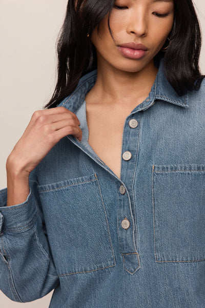 Z Supply Lucie Denim Shirt Dress — close-up of button front, collar, and chest pocket detail in medium wash denim