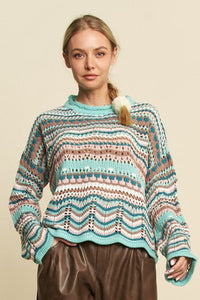 MULTI WAVE TEXTURE PULL OVER LOOSE KNIT SWEATER TOP