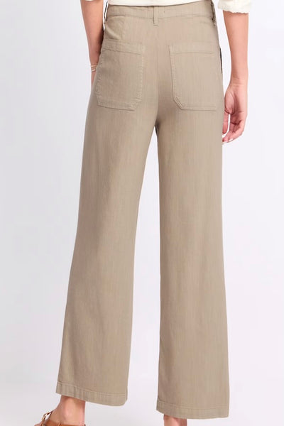 Back view of Kut from the Kloth Topaz trousers showing high-rise fit, back pockets, and elegant drape of linen-rayon blend fabric