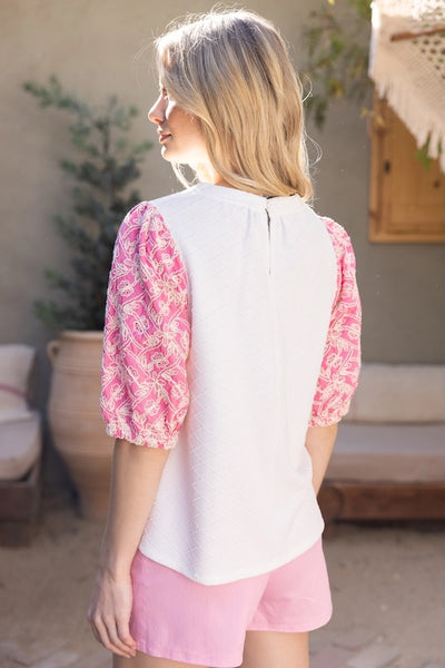 TEXTURED ELEGANCE KNIT TOP WITH FLORAL EMBROIDERED SLEEVES