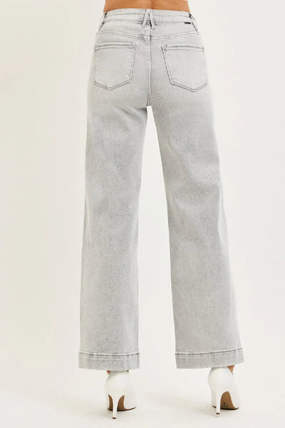 RISEN LIGHT GREY HIGH RISE ANKLE WIDE JEANS