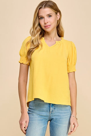 SOLID NOTCH NECK RUFFLE SMOCKED SLEEVE TOP