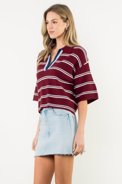 CASUAL LUXE SHORT SLEEVE STRIPED KNIT TOP